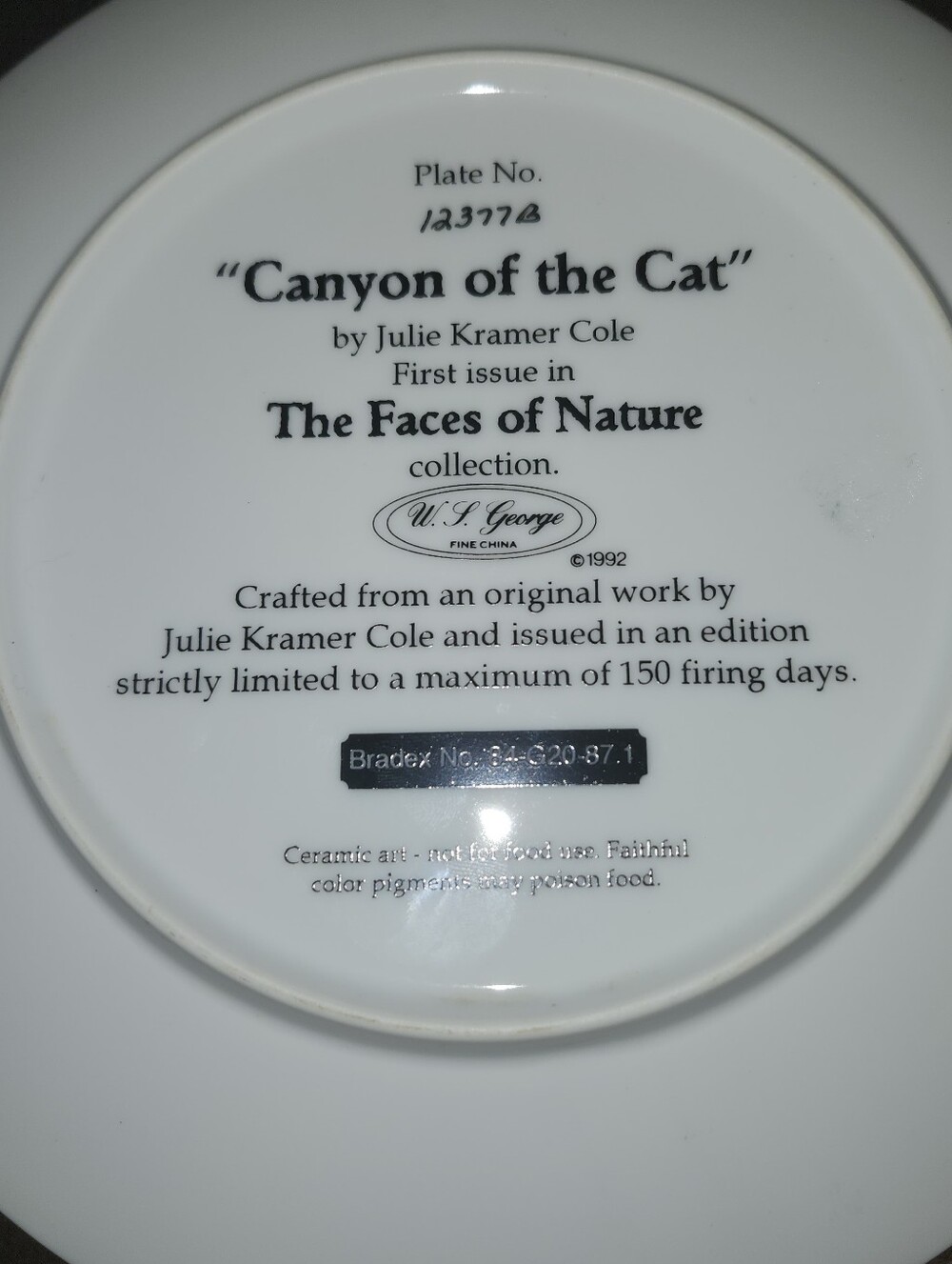 W.S. George China Cat Plate with 'Canyon of the Cat' Backstamp Limited Edition